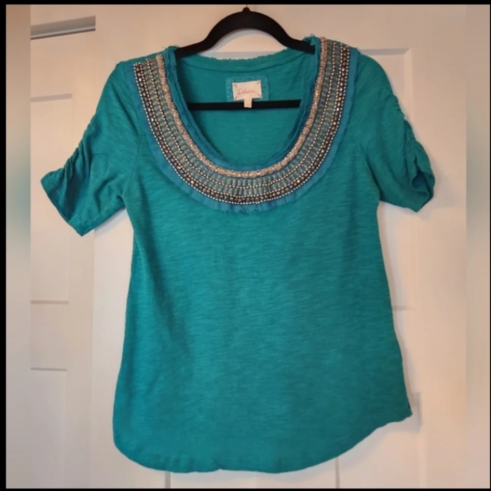 Anthropologie Delleta Green Beaded Top sz S Shirt Blouse teal boho maximalist - Picture 1 of 6